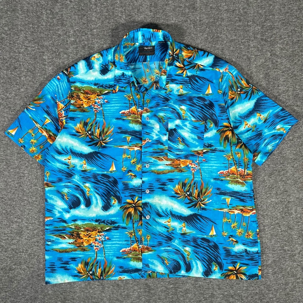 Vintage 70s Van Cort Hawaiian Shirt XL Blue Surfer Wave Tropical Print Disco